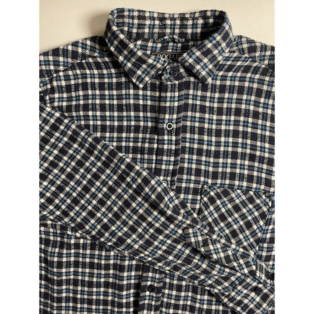 Bogari Flannel Shirt Men’s Long Sleeve Button Down Black Blue Plaid Size Medium